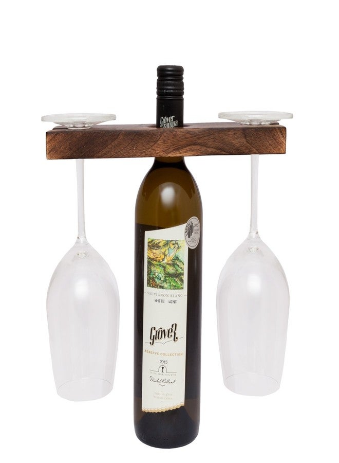 GoCraft Handmade Antique Wood Wine Bottle & Glass Holder - Rustic Countertop Stand for 1 Bottle & 2 Glasses - Vintage Wine Caddy for Home Bar, Kitchen, and Dining Room Décor - Image 1
