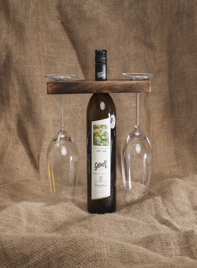 GoCraft Handmade Antique Wood Wine Bottle & Glass Holder - Rustic Countertop Stand for 1 Bottle & 2 Glasses - Vintage Wine Caddy for Home Bar, Kitchen, and Dining Room Décor - Image 4