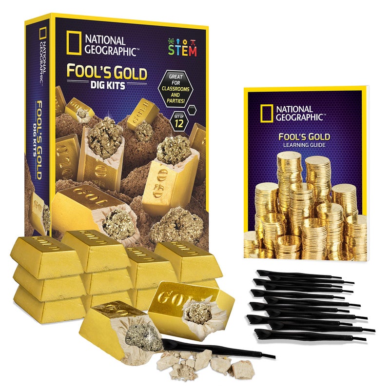 Blue Marble National Geographic Foolâ€™s Gold Dig Kit â€“ 12 Gold Bar Dig Bricks with 2-3 Pyrite Specimens Inside, Party Activity with 12 Excavation Tool Sets, Great Stem Toy for Boys & Girls or Party Favors - Image 1