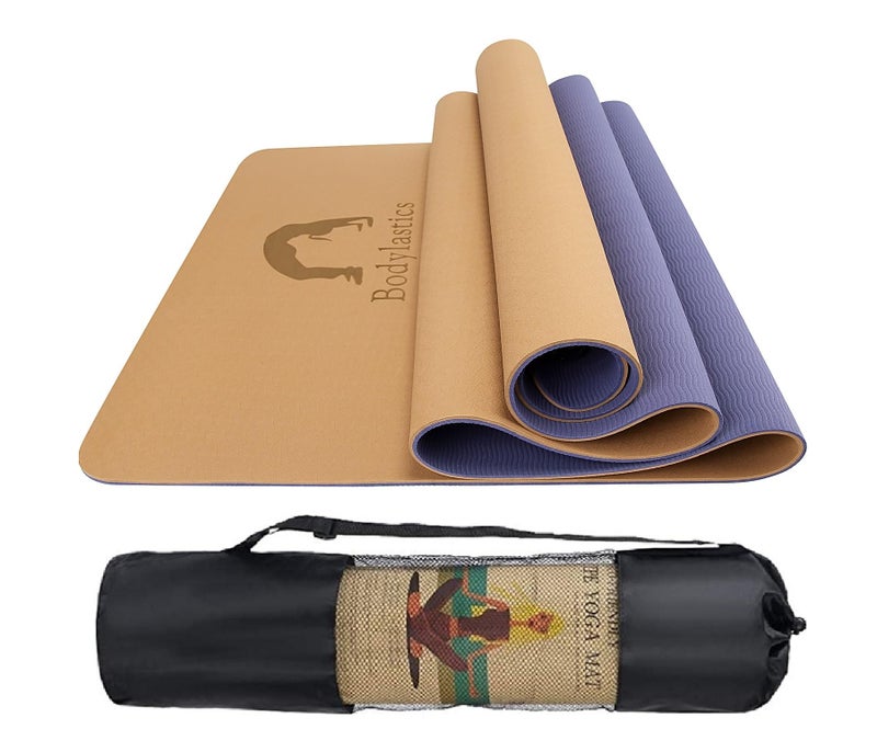 Bodylastics Yoga Mat for Men and Women with Carry Bag TPE 6ft x 2ft x 6mm Large Size Anti Slip & Anti Tear Workout Mat (Champagne Gold/Blue Mat) - Image 1