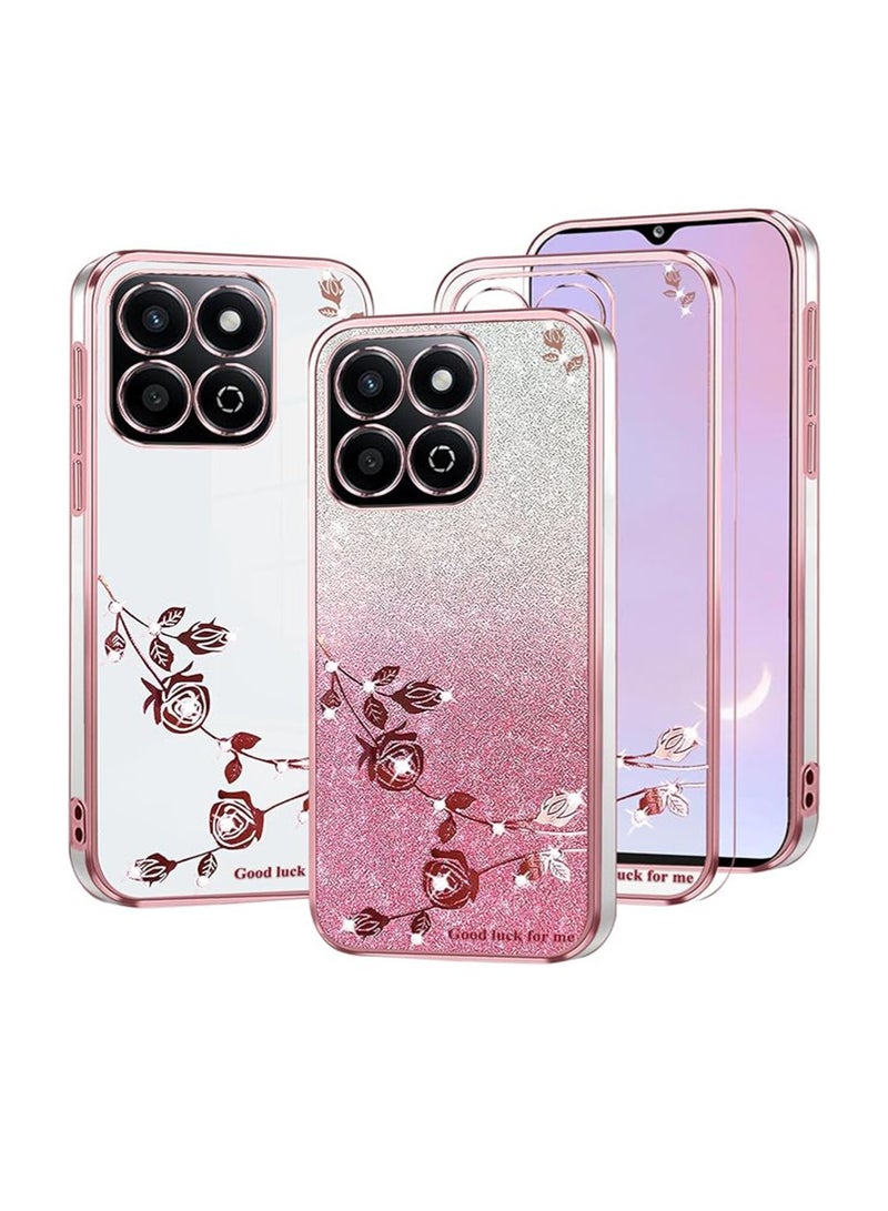 WRISTWISE Case Cover for Honor X5b Clear Glitter Floral, Cute Slim for Honor X5b  Case Silicone Shockproof Protective Women Girls Cover Sparkle Aesthetic (Pink) - Image 1