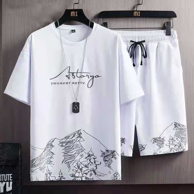 Summer Leisure Sports Suit Men'S Ice Silk Short Sleeve T-Shirt Shorts A Set Of 2022 New Fashion Two Piece Set - Image 2