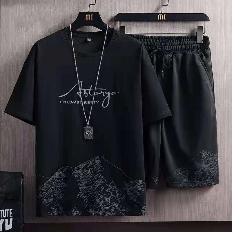 Summer Leisure Sports Suit Men'S Ice Silk Short Sleeve T-Shirt Shorts A Set Of 2022 New Fashion Two Piece Set - Image 3
