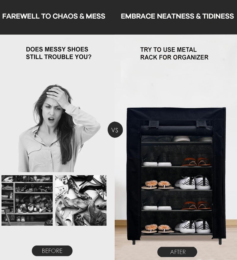 ROBMOB 5 Tier Metal Shoe Rack Collapsible Shoe Organiser with Adjustable Shelves Space Saving Lightweight Racks Foldable Sneaker Footwear Best for Men, Women, Boots, Slippers (Black Cover) - Image 3