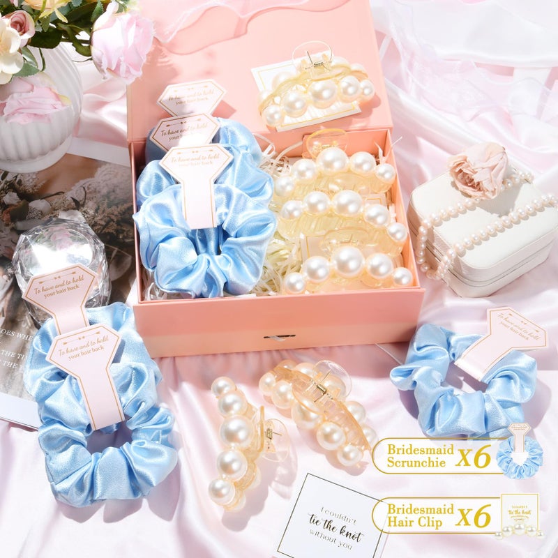 Aileam 12 Pcs Bridesmaid Proposal Gifts Bridesmaid Pear Hair Claw Clips Hair Scrunchies Bridal Shower Gifts Bachelorette Party Wedding Favors Present Hair Accessories for Women (Blue Series) - Image 2