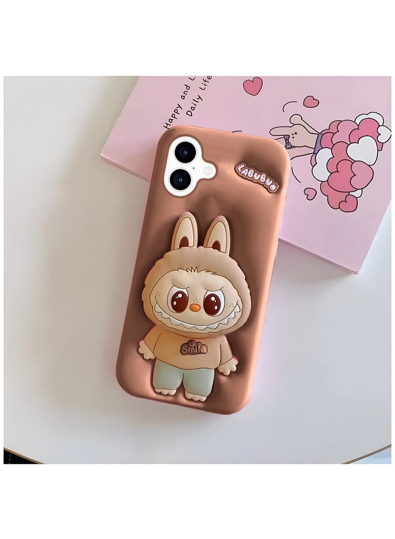 Wtech Apple iPhone 16 5G 2024 3D Labubu Cartoon Pop Case, Premium Soft Liquid Jelly Silicone Case with Phone Holder Cool Full Protective Cute Aesthetic Case Cover - Brown - Image 2