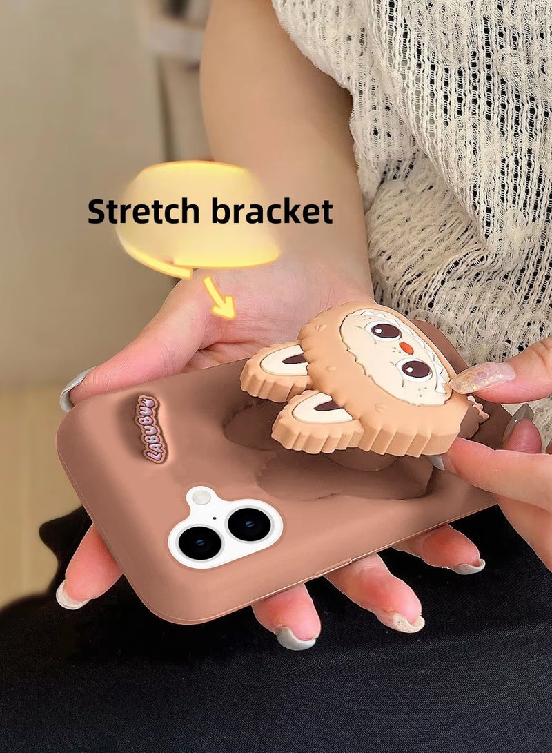 Wtech Apple iPhone 16 5G 2024 3D Labubu Cartoon Pop Case, Premium Soft Liquid Jelly Silicone Case with Phone Holder Cool Full Protective Cute Aesthetic Case Cover - Brown - Image 3