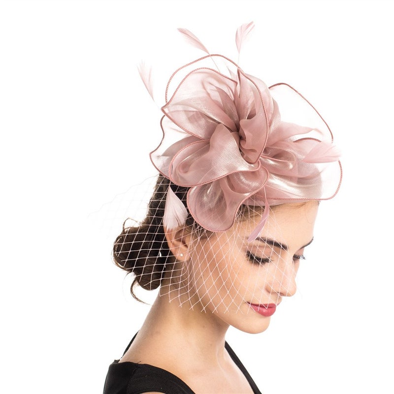 SAFERIN Fascinator for Women Hair Clip Hat Bowler Feather Flower Veil Wedding Party Tea Hatï¼ˆTA2-Pinkï¼‰ - Image 1