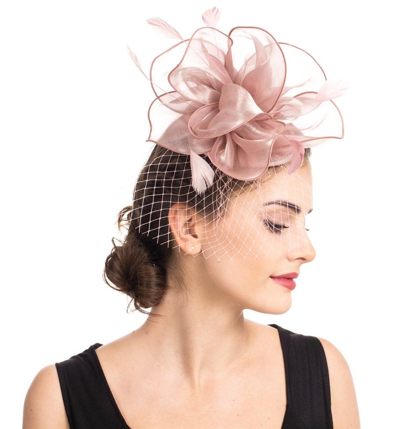 SAFERIN Fascinator for Women Hair Clip Hat Bowler Feather Flower Veil Wedding Party Tea Hatï¼ˆTA2-Pinkï¼‰ - Image 3