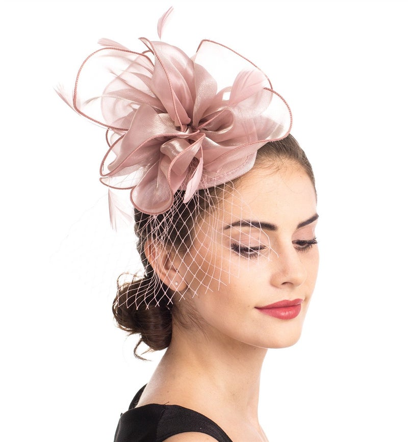 SAFERIN Fascinator for Women Hair Clip Hat Bowler Feather Flower Veil Wedding Party Tea Hatï¼ˆTA2-Pinkï¼‰ - Image 4