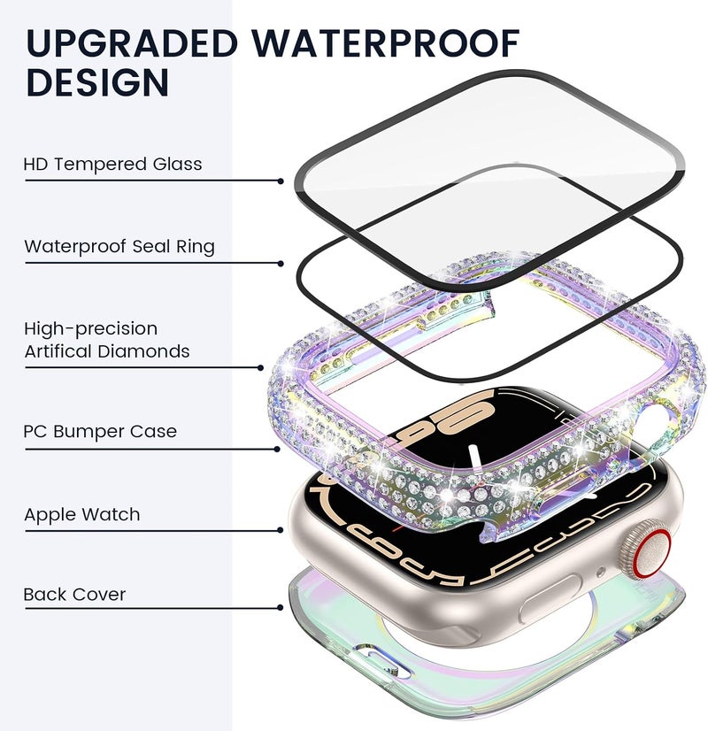 Tensea [2 in 1] for Waterproof Apple Watch Screen Protector Case Series 8 7 41mm Accessories, iWatch Hard PC Diamond Front & Back Bumper Case with Tempered Glass Film, Bling Face Cover Women, 41 mm - Image 3