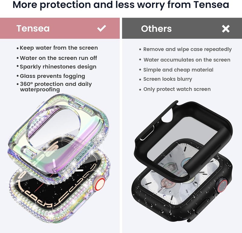 Tensea [2 in 1] for Waterproof Apple Watch Screen Protector Case Series 8 7 41mm Accessories, iWatch Hard PC Diamond Front & Back Bumper Case with Tempered Glass Film, Bling Face Cover Women, 41 mm - Image 2