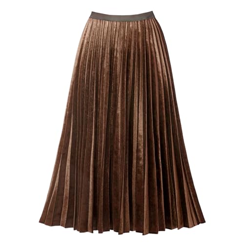 GOOBGS Women's Pleated A-Line High Waist Swing Flare Midi Skirt Velvet Brown Large/X-Large - Image 1