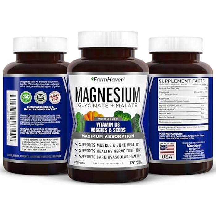 FarmHaven Magnesium Complex –Magnesium Glycinate & Malate w/Vitamin D3, 100% Chelated for Max Absorption, Vegetarian – Bone Health, Nerves, Muscles, 120 Capsules, 60 Days - Image 5