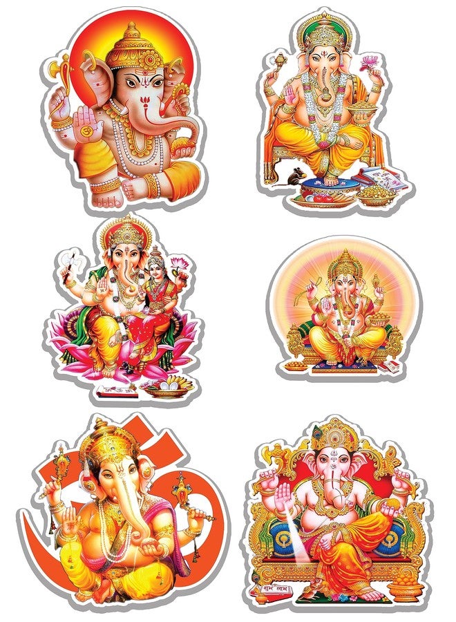 D2C Sticker of Lord Shree Ganesh - Ganesha - Ganpathi - Pack of 6 Glitter/Sparkel Finish Stickers for Laptop, Diary, Cupboard, Prayer Room, Door, Decoration- Waterproof