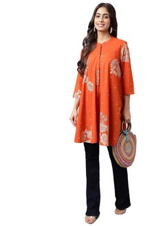 Janasya Janasya Women's Orange Cotton Floral Printed Flared Tunic(JNE4206-TU-S)  - Image 1