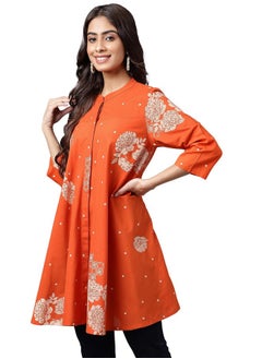 Janasya Janasya Women's Orange Cotton Floral Printed Flared Tunic(JNE4206-TU-S)  - Image 4