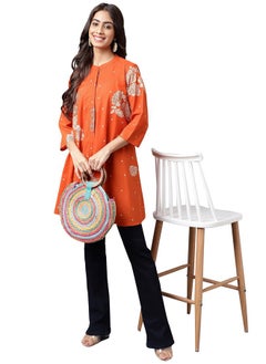 Janasya Janasya Women's Orange Cotton Floral Printed Flared Tunic(JNE4206-TU-S)  - Image 3