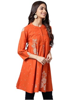 Janasya Janasya Women's Orange Cotton Floral Printed Flared Tunic(JNE4206-TU-S)  - Image 5
