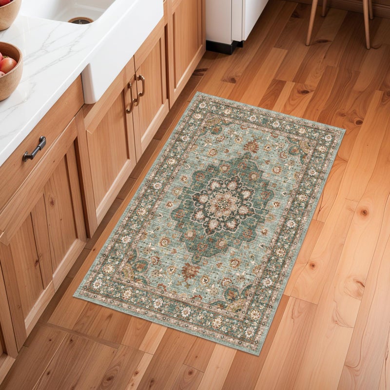 TOPRUUG Washable Oriental Area Rug - 2x3 Rugs for Living Room Soft Carpet for Bedroom Waterproof Floral Distressed Indoor Stain Resistant Non-Shedding Floor Carpets (Green, 2x3) - Image 3