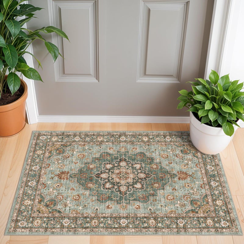 TOPRUUG Washable Oriental Area Rug - 2x3 Rugs for Living Room Soft Carpet for Bedroom Waterproof Floral Distressed Indoor Stain Resistant Non-Shedding Floor Carpets (Green, 2x3) - Image 2