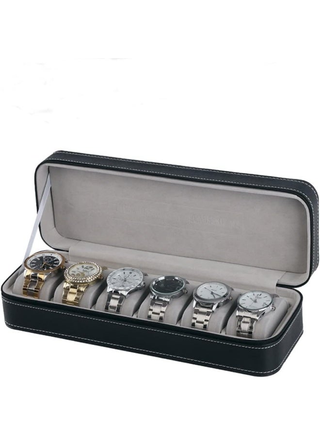 6-Slot Watch Storage Box with Zipper Closure, Black - Image 2