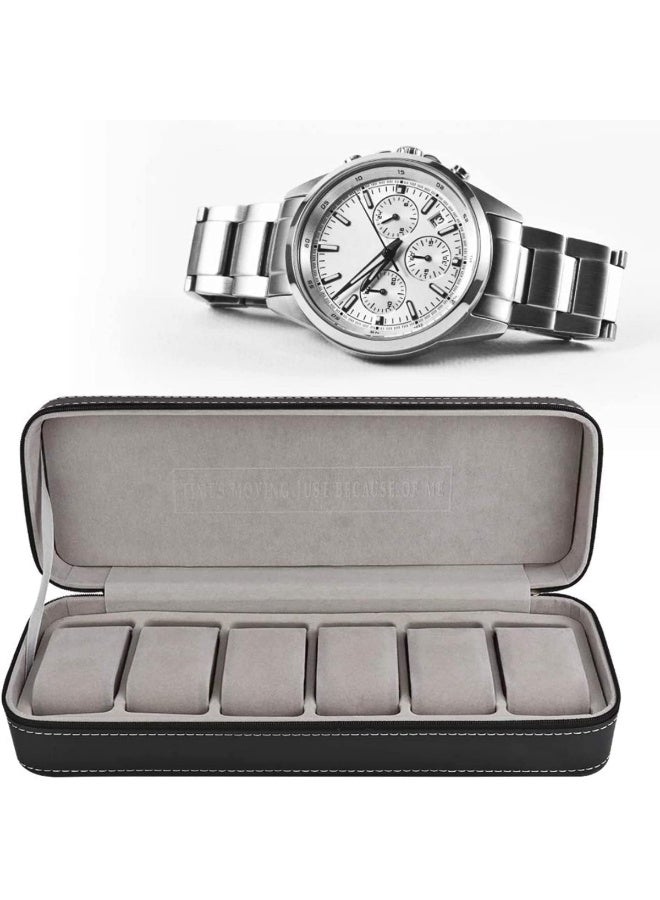 6-Slot Watch Storage Box with Zipper Closure, Black - Image 3