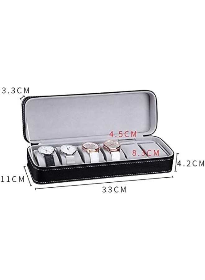6-Slot Watch Storage Box with Zipper Closure, Black - Image 1