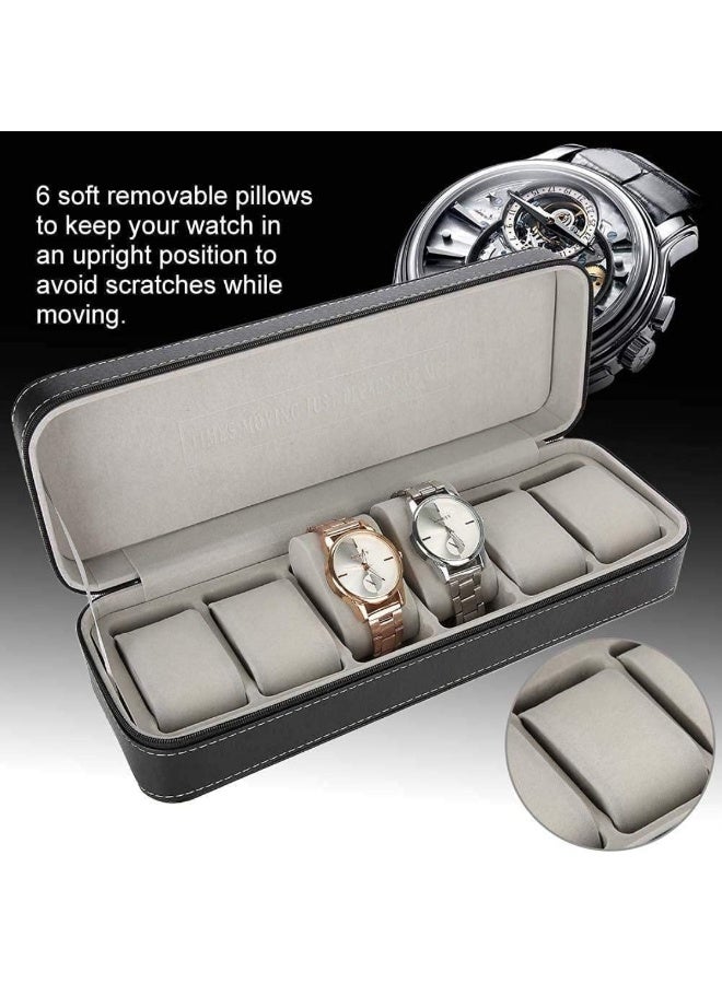 6-Slot Watch Storage Box with Zipper Closure, Black - Image 4