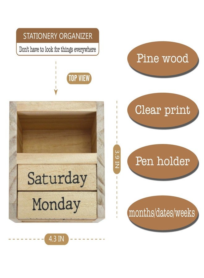 EXQUIDECA Wooden Blocks Perpetual Calendar with Pen Holder - Natural Pine Wood Home Office Desk Organizer -Reusable Date Week Month Accessories Tabletop Ornament - Image 5