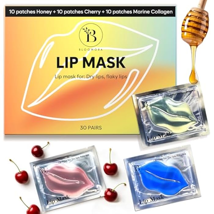 BLOOMORA Moisturizing Lip Mask Set (30PCS) - Marine Collagen, Cherry & Honey - Anti-Wrinkle, Anti-Aging & Hydrating Lip Mask for Women - Spa Day Essentials & Valentines Day Skin Care - Image 1