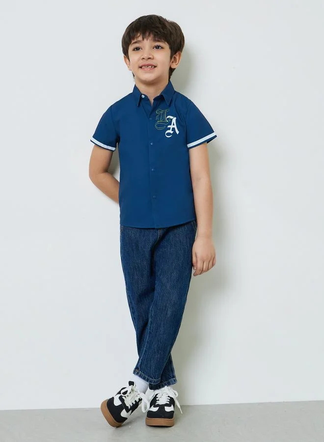 Styli Boys Navy Blue Short Striped Sleeves Embroidered Shirt