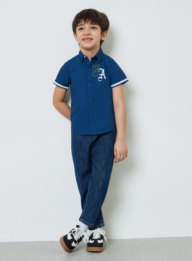 Styli Boys Navy Blue Short Striped Sleeves Embroidered Shirt - Image 2
