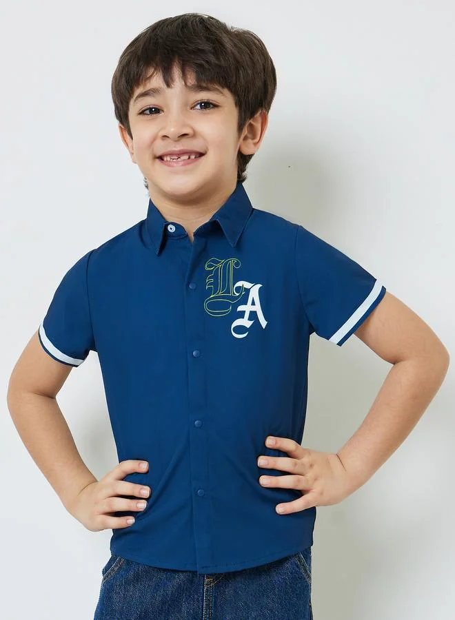 Styli Boys Navy Blue Short Striped Sleeves Embroidered Shirt