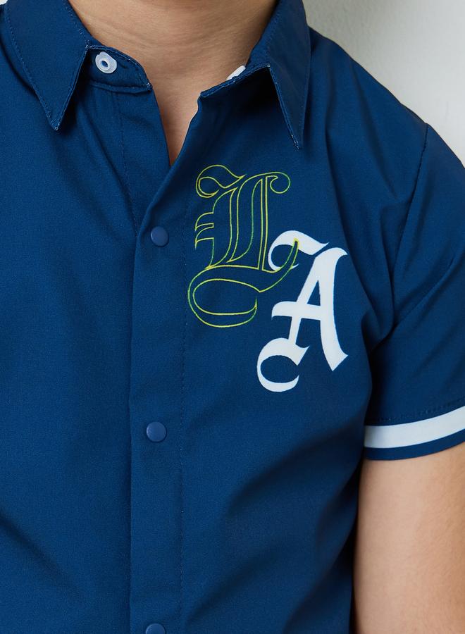 Styli Boys Navy Blue Short Striped Sleeves Embroidered Shirt - Image 3