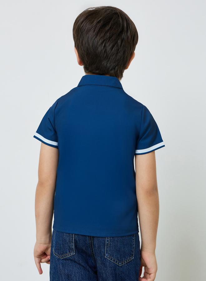 Styli Boys Navy Blue Short Striped Sleeves Embroidered Shirt - Image 4