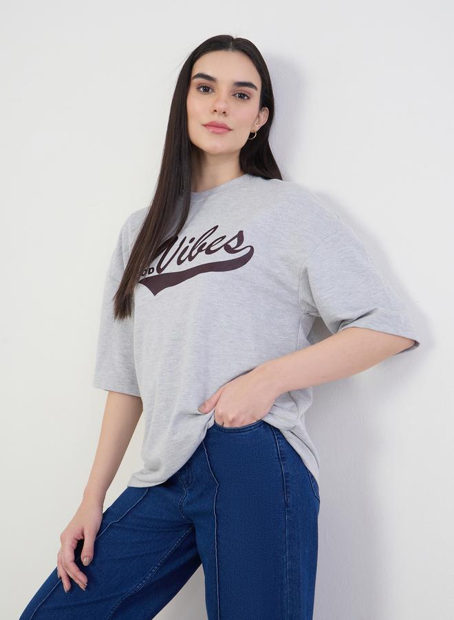 Styli Grey Oversized Graphic Print T-Shirt - Image 1