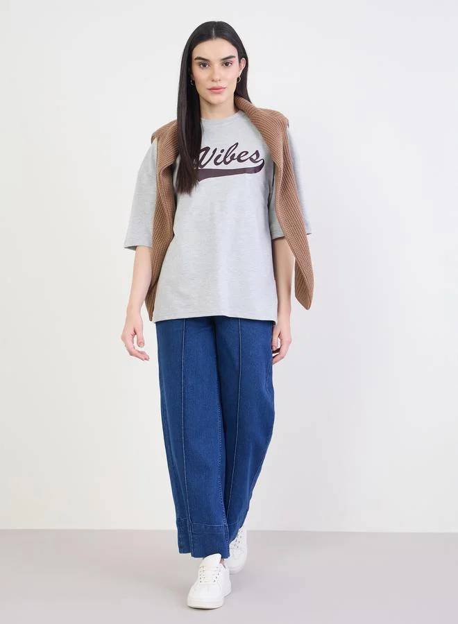 Styli Grey Oversized Graphic Print T-Shirt