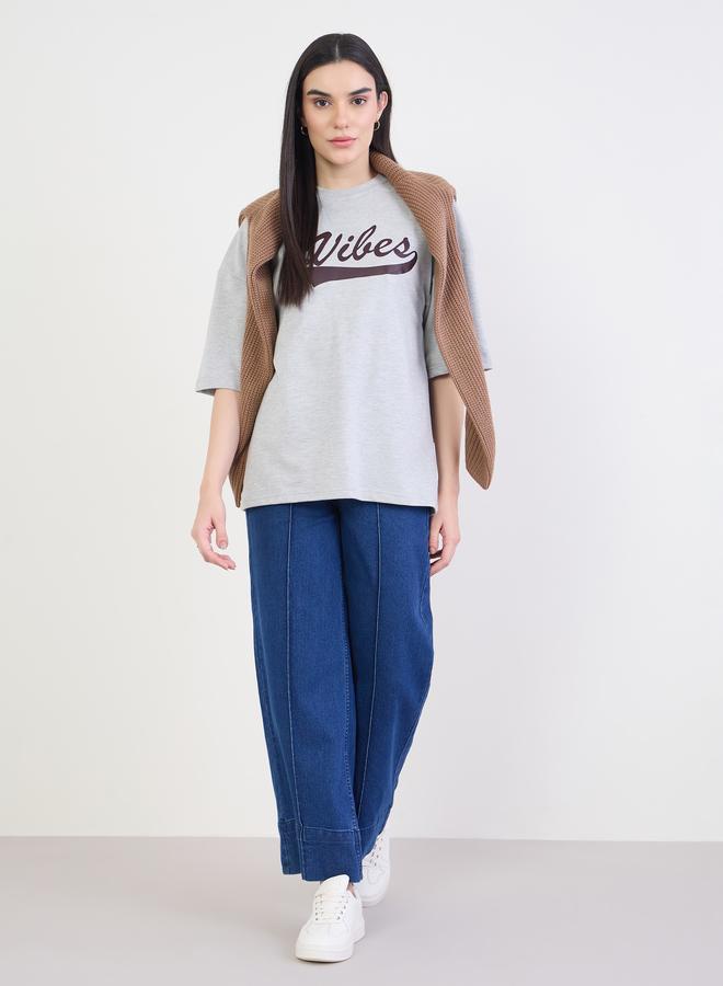 Styli Grey Oversized Graphic Print T-Shirt - Image 2