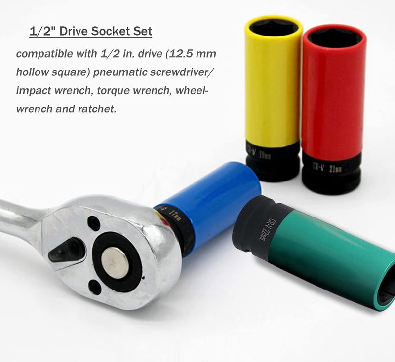 ACEBON ACEBON 1/2 Inch Drive Wheel Protector Impact Socket, Thin Wall Deep Impact Socket Set Plastic Sleeve Lug Nut, 4 Pieces Set, 6 Point, Metric, 17mm, 19mm, 21mm, 22mm (4 PCS)  - Image 2