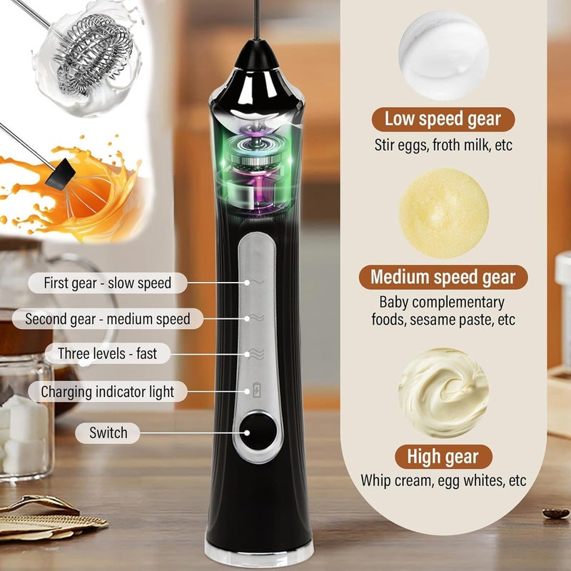 MITCMOLARD Milk Frother Handheld, 1200 mAh USB Rechargeable, 3 Whisk, Portable Box | Coffee Mixer Electric with 3 Speeds, Coffee Whisk with Durable Stainless Steel Whisk for Latte Cappuccino - Image 3