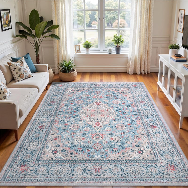 Flagover 4x6 Blue Washable Boho Area Rug for Bedroom, Vintage Floral Non Slip Living Room Rugs, Soft Low Pile Indoor Mat, Aesthetic Pattern Carpet for Kitchen, Dining Room and Bedside - Image 1