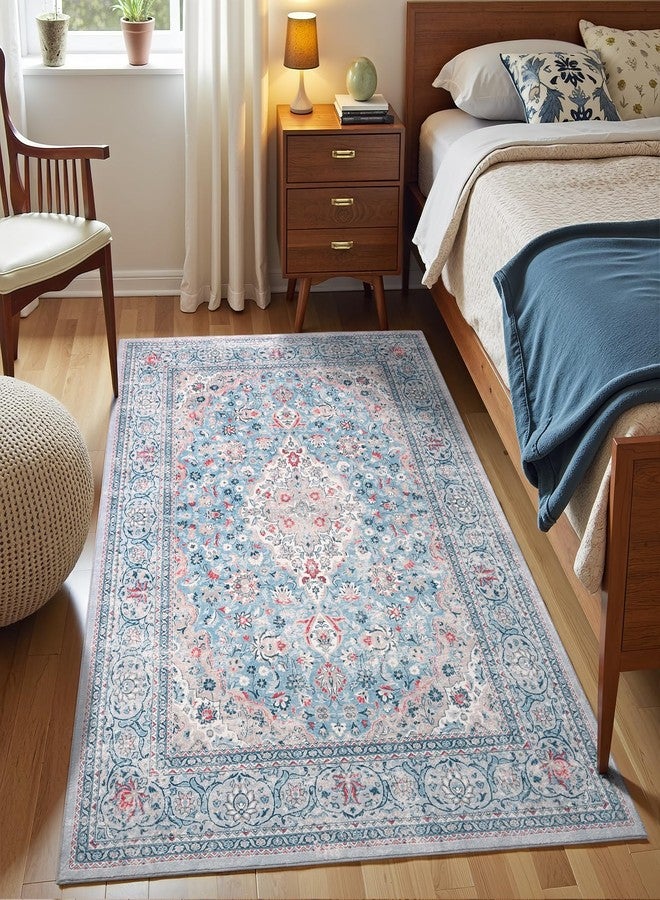 Flagover 4x6 Blue Washable Boho Area Rug for Bedroom, Vintage Floral Non Slip Living Room Rugs, Soft Low Pile Indoor Mat, Aesthetic Pattern Carpet for Kitchen, Dining Room and Bedside - Image 2