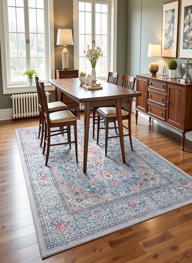 Flagover 4x6 Blue Washable Boho Area Rug for Bedroom, Vintage Floral Non Slip Living Room Rugs, Soft Low Pile Indoor Mat, Aesthetic Pattern Carpet for Kitchen, Dining Room and Bedside - Image 3