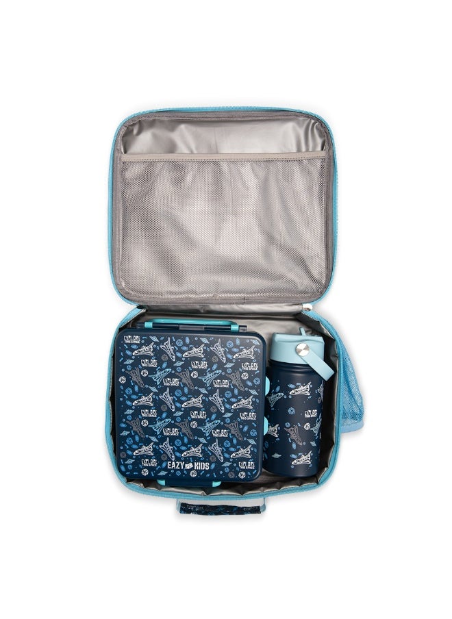 Eazy Kids Eazy Kids Jumbo Bento Lunch Box w/ 360ml Steel Water Bottle, Spoon & Fork Set, and Insulated Lunch Bag - Aircraft Blue  - Image 5