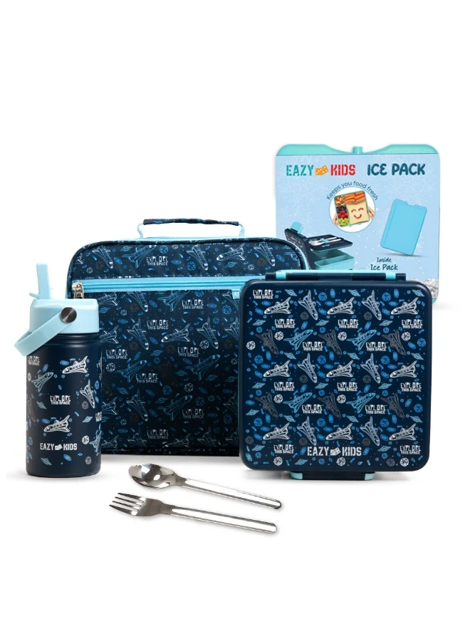 Eazy Kids Eazy Kids Jumbo Bento Lunch Box w/360ml Steel Water Bottle, Spoon & Fork Set, and Insulated Lunch Bag - Aircraft Blue