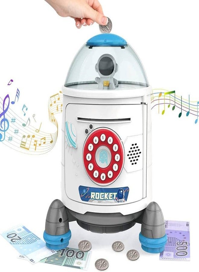 BAREPEPE Space Rocket Mini Atm Savings Piggy Bank For Girs And Boys, Finger Sensor Password Kids Safe Box - White, Modern - Image 1