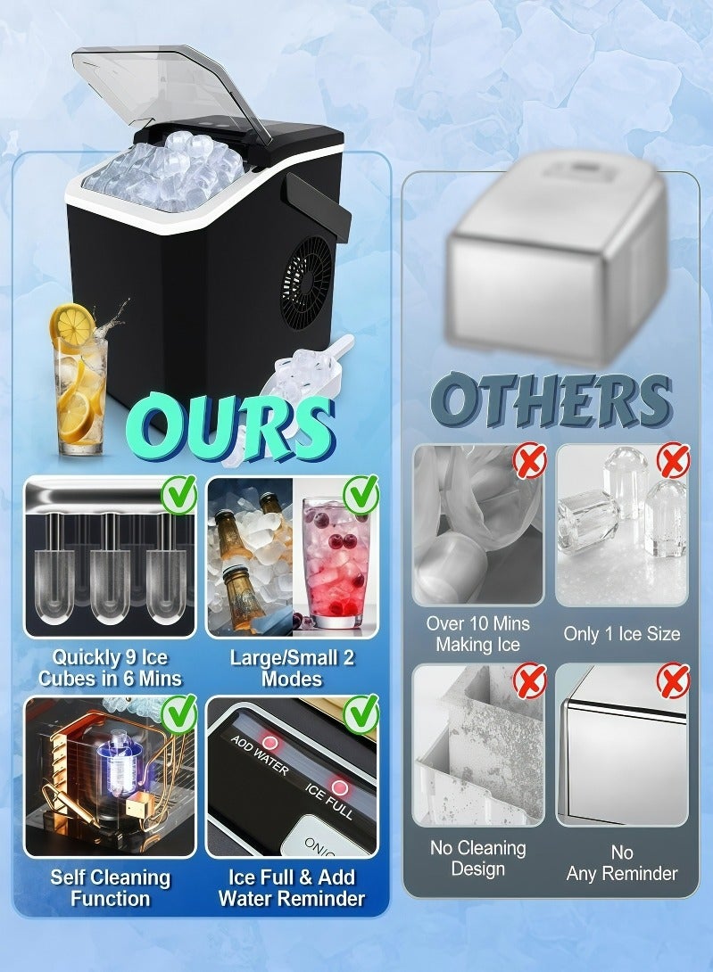Vizo Hise Countertop Ice Maker, Portable Ice Making Machine 9 Cubes in 6 Mins, 15kg/24Hrs, 2 Sizes, Auto-Cleaning Function, Ice Machine w/Basket & Scoop for  Home, Party, RV, Camping - Image 2