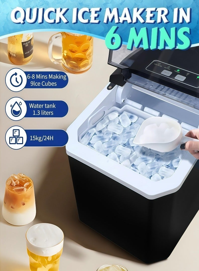 Vizo Hise Countertop Ice Maker, Portable Ice Making Machine 9 Cubes in 6 Mins, 15kg/24Hrs, 2 Sizes, Auto-Cleaning Function, Ice Machine w/Basket & Scoop for  Home, Party, RV, Camping - Image 3