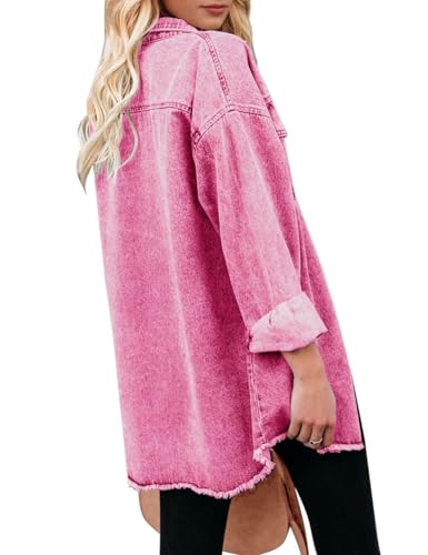Vetinee Women's Pink Ladies Jacket Oversized Boyfriend Magenta Pink Front Button Up Frayed Raw Hem Long Sleeve Pockets Denim Jean Jacket Shacket Large Size 12 Size 14 - Image 2